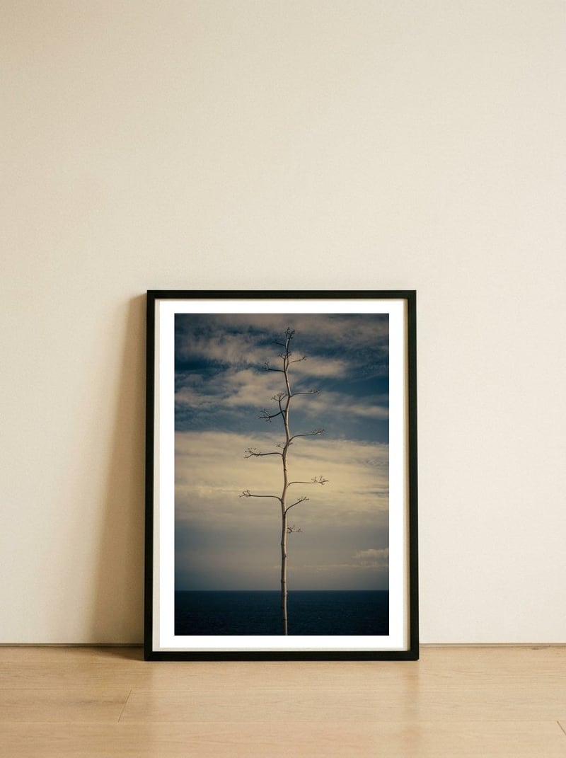 SEA AND TREE — framed, leaning against the wall