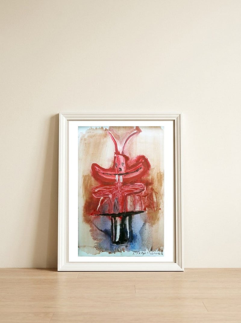 Conejo en la galera — framed, leaning against the wall