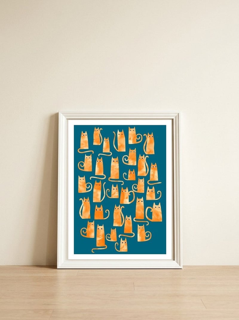 Ginger Cats Teal — framed, leaning against the wall