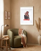 Lady with red roses framed in a tender room thumbnail
