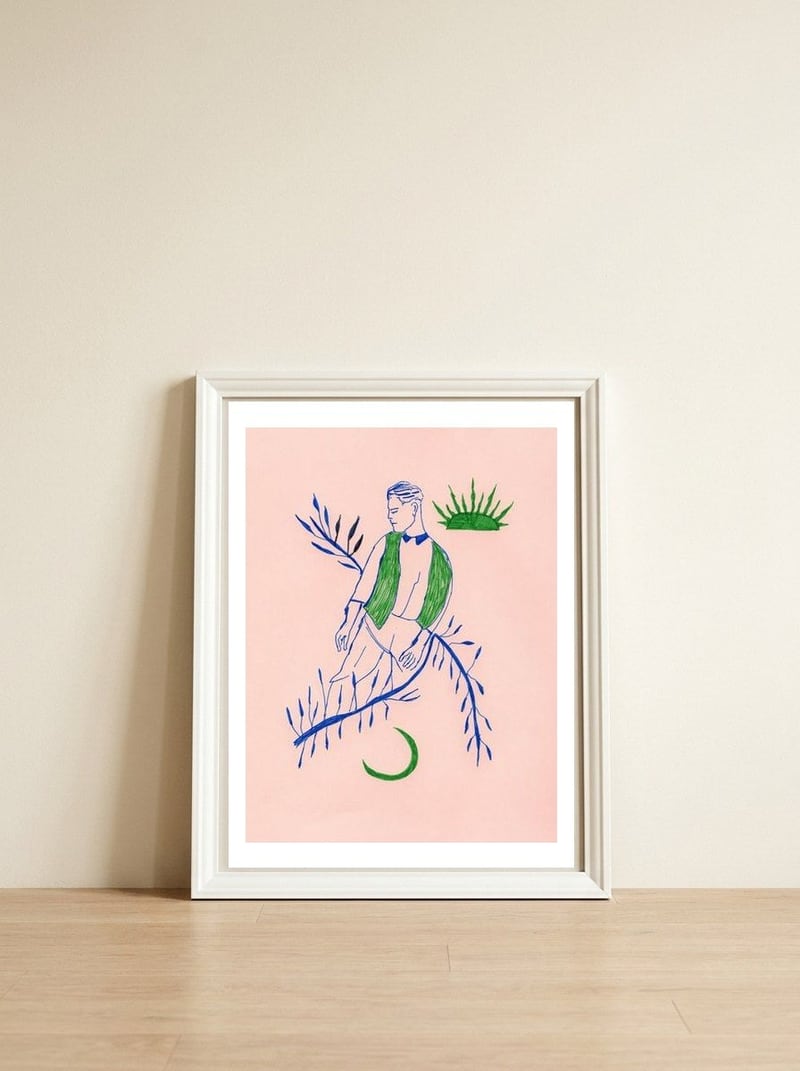 Green boy Midcentury — framed, leaning against the wall
