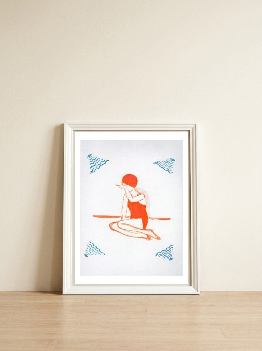 The swimmer — framed, leaning against the wall
