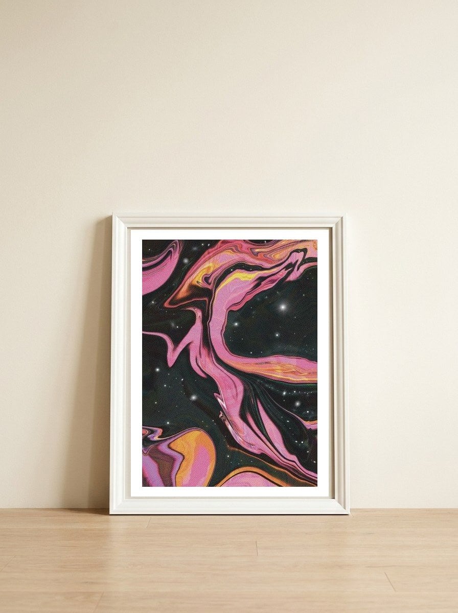 Marble Pink Comic Vortex — framed, leaning against the wall