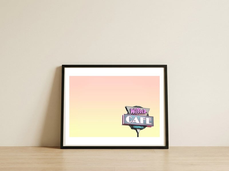Willees Cafe and Cocktails Neon Sign — framed, leaning against the wall