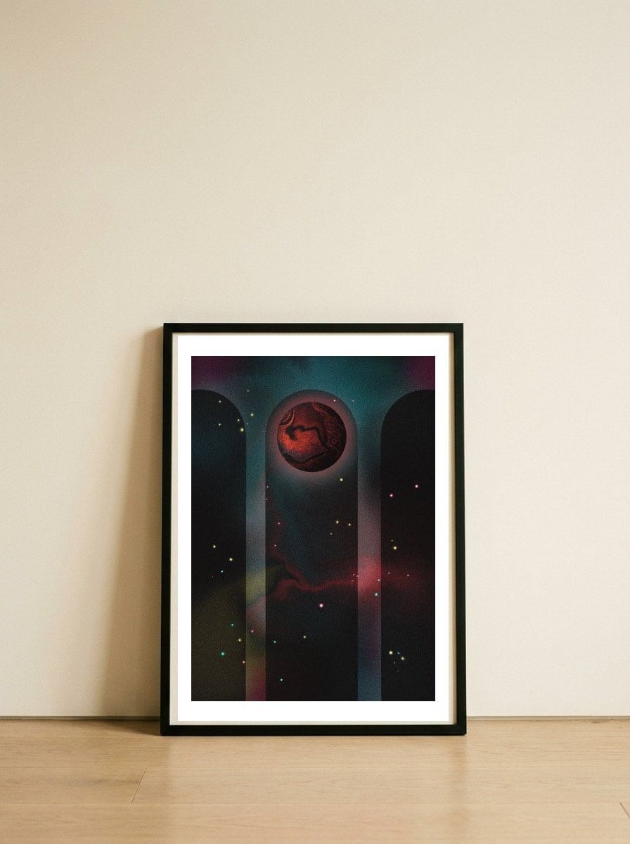 Space Temple with red planet — framed, leaning against the wall