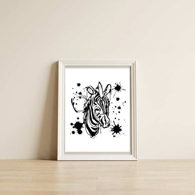 Zebra sketch — framed, leaning against the wall