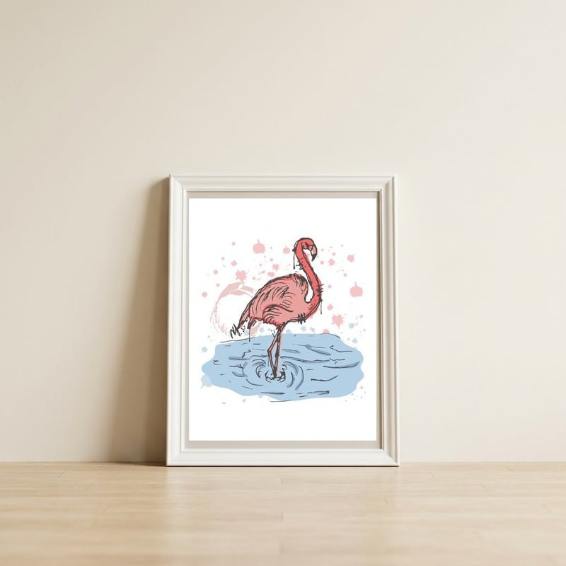 Flamingo Scribble sketch — framed, leaning against the wall