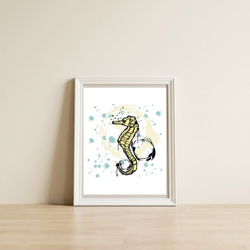 Sea Horse Scribble sketch — framed, leaning against the wall