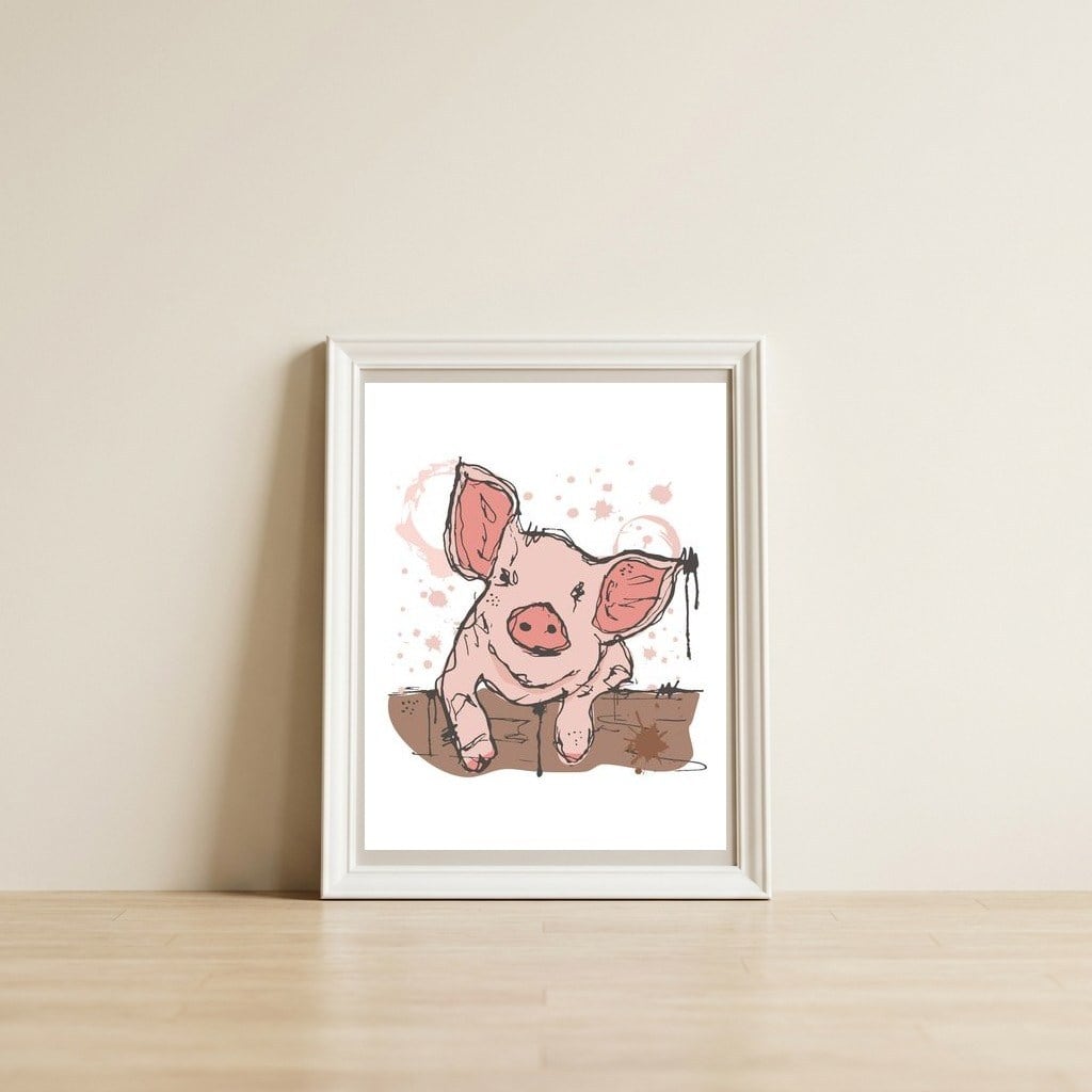 Pig sketch — framed, leaning against the wall