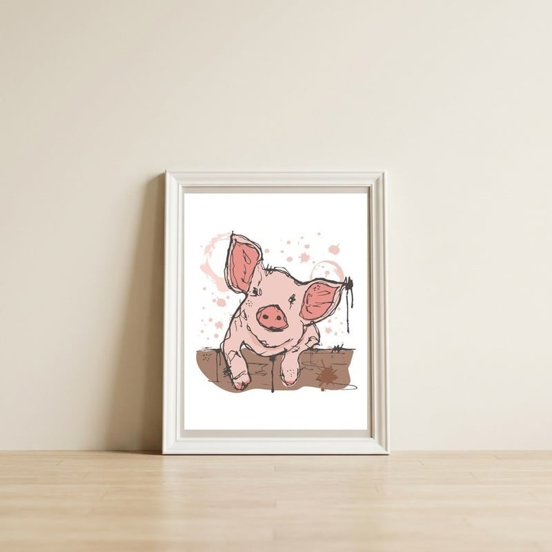 Pig sketch — framed, leaning against the wall