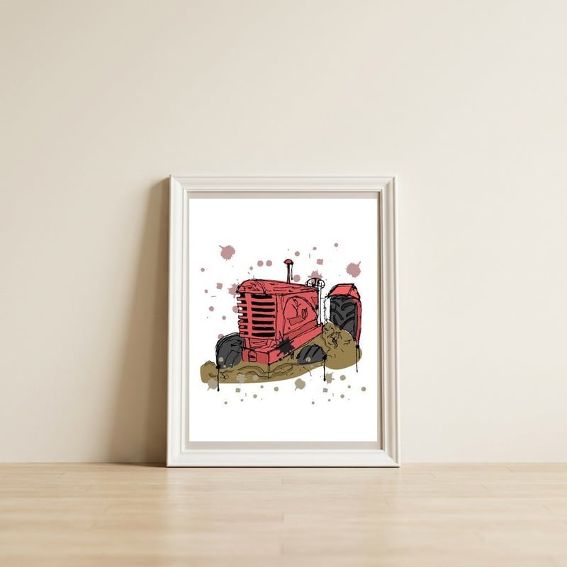 Abandoned tractor sketch — framed, leaning against the wall