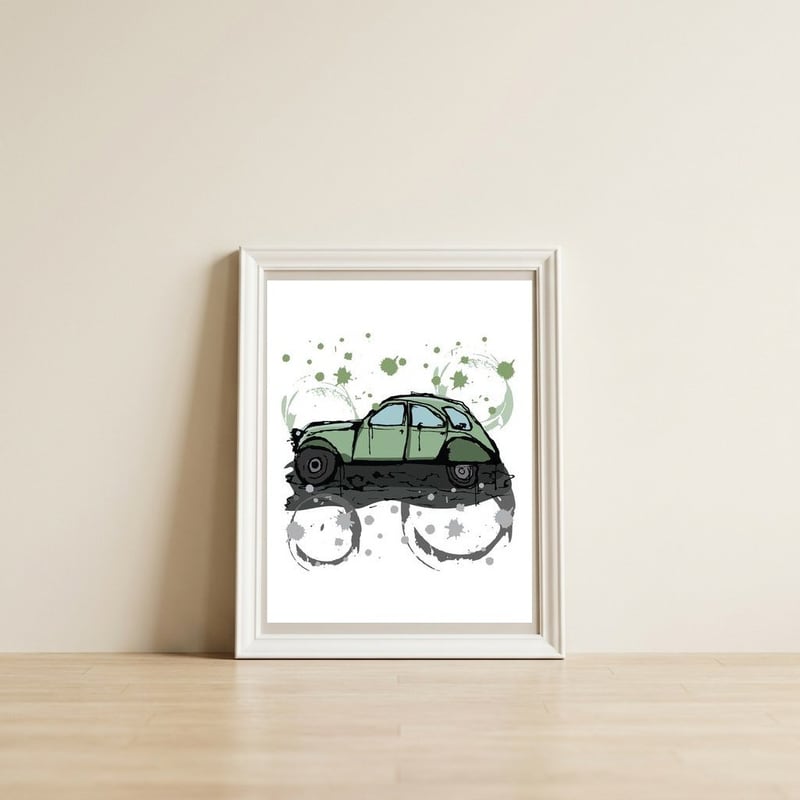 Green car sketch — framed, leaning against the wall