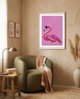 Pink Flamingo Wearing Glasses framed in a tender room thumbnail