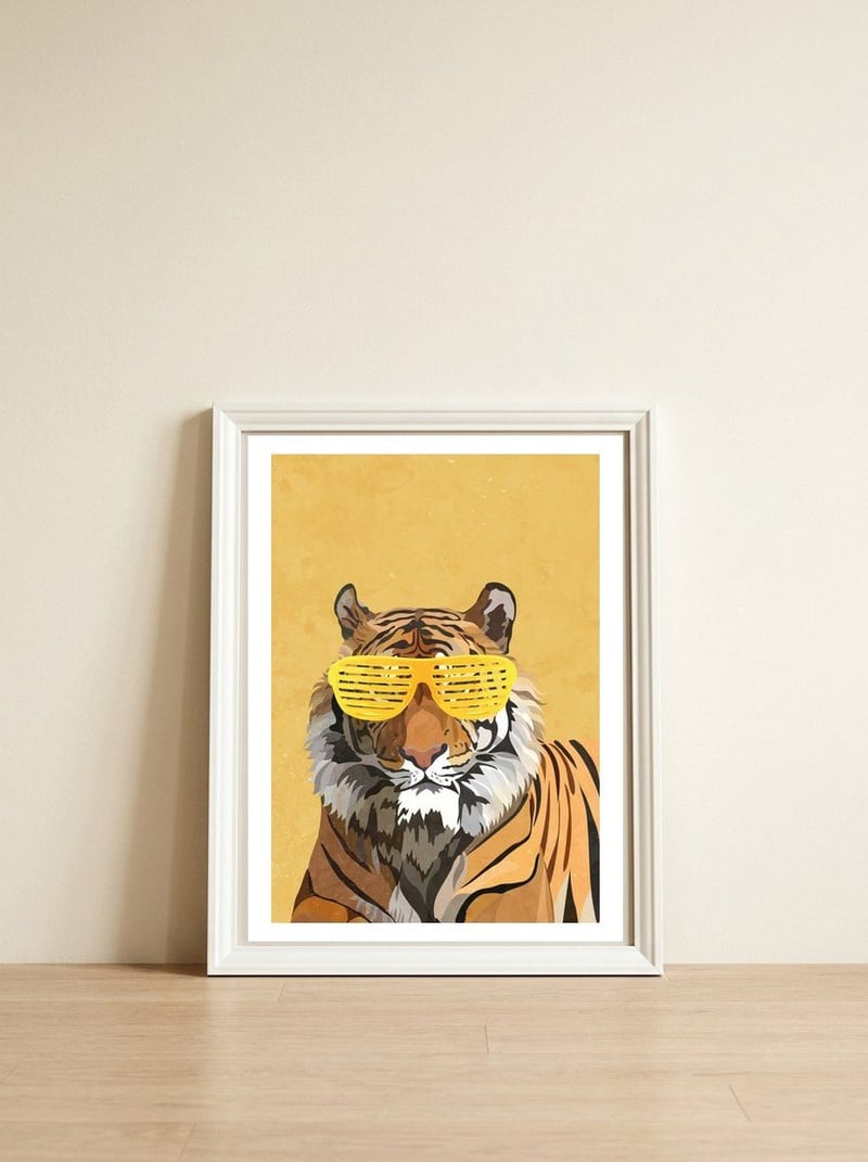 Hip Hop Tiger Yellow Shades — framed, leaning against the wall