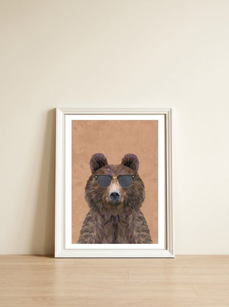 Cool Bear Wearing Sunglasses Portrait — framed, leaning against the wall