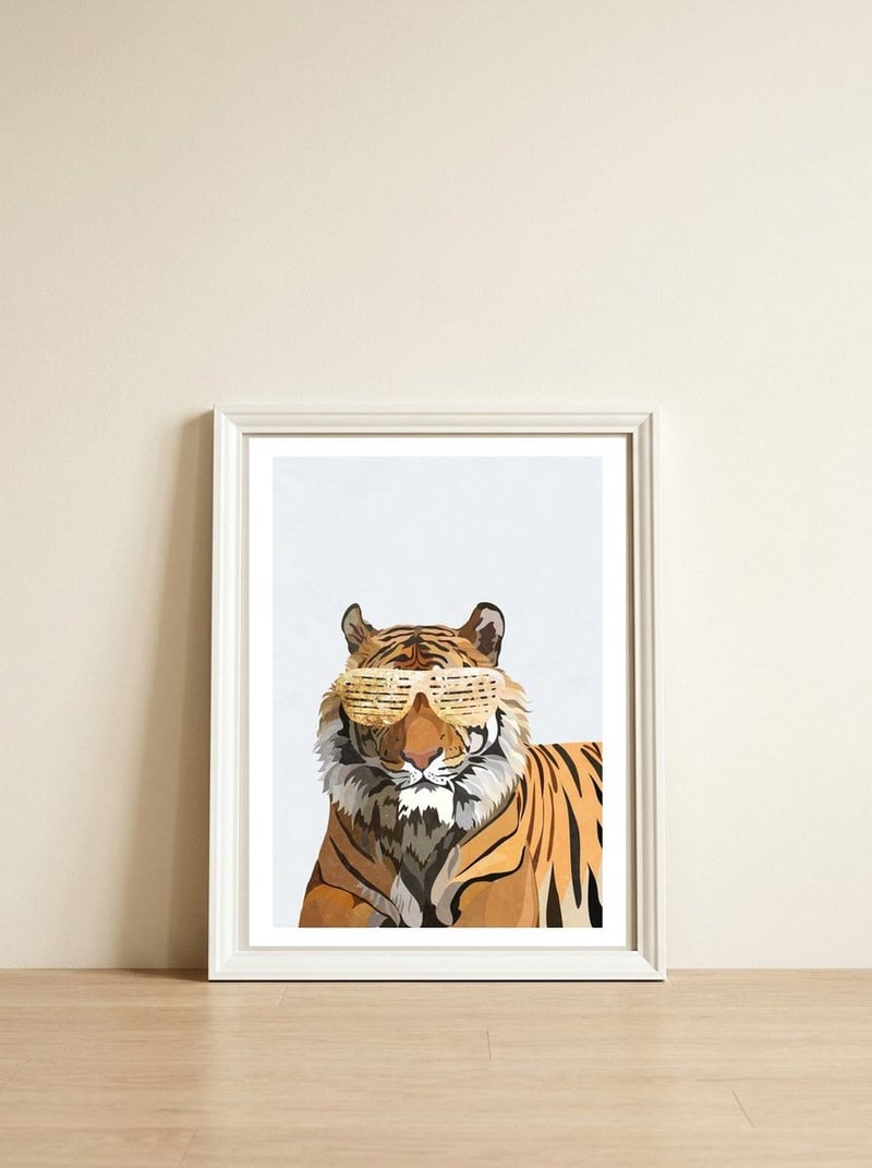 Hip Hop Tiger White Portrait — framed, leaning against the wall