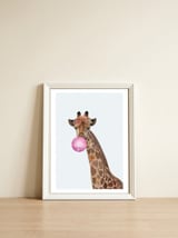 Bubble gum Giraffe Portrait — framed, leaning against the wall thumbnail
