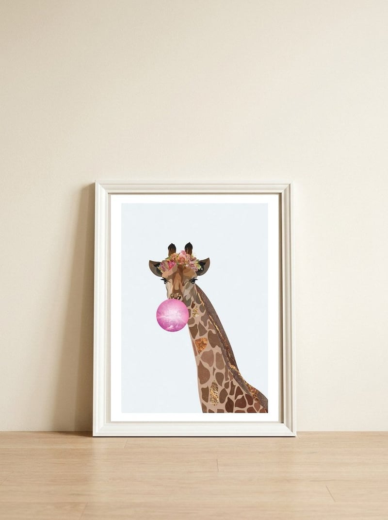 Bubble gum Giraffe Portrait — framed, leaning against the wall