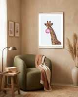 Bubble gum Giraffe Portrait framed in a tender room thumbnail