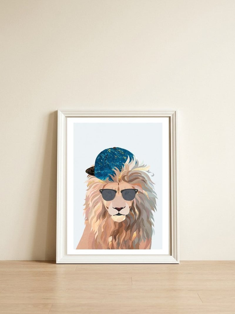 Skater Lion Portrait — framed, leaning against the wall
