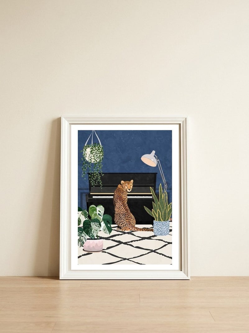 Cheetah playing the piano — framed, leaning against the wall