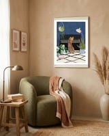 Cheetah playing the piano framed in a tender room thumbnail