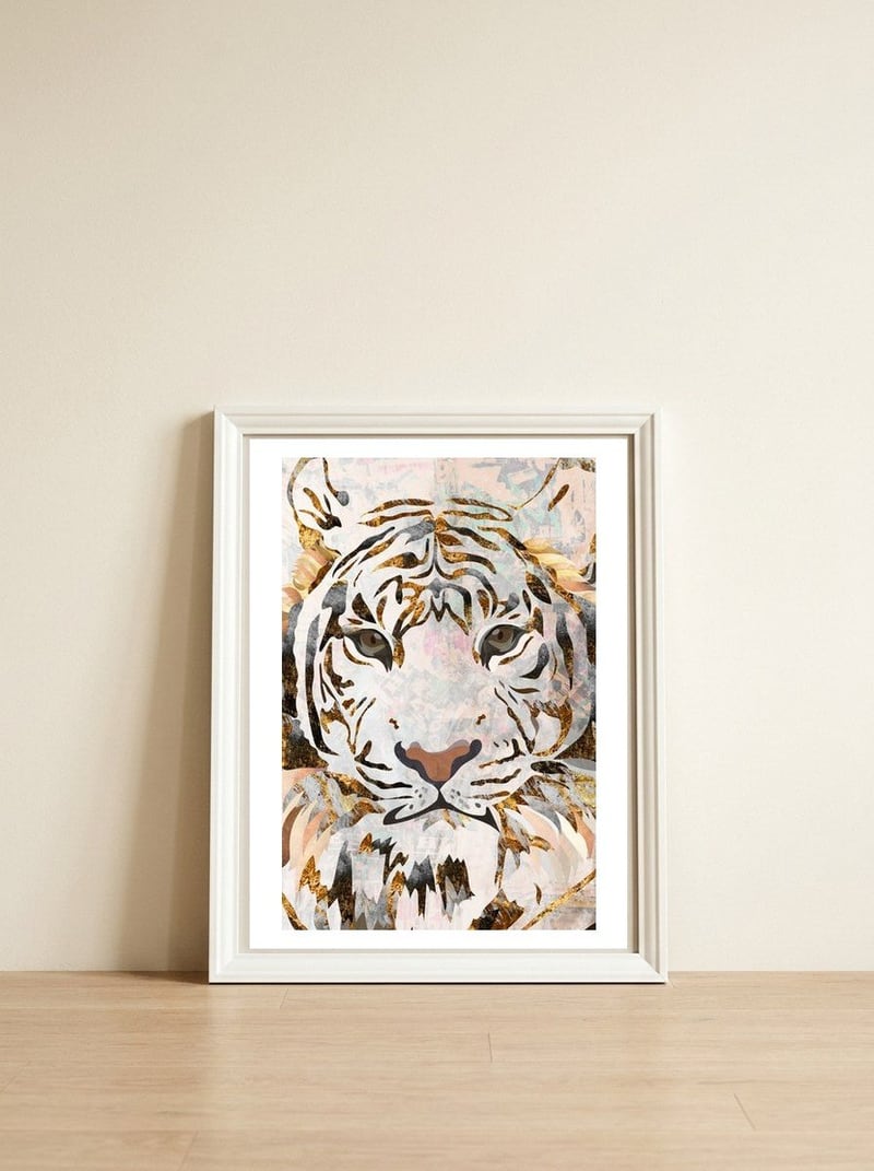 Grungy Tiger Gold and White — framed, leaning against the wall