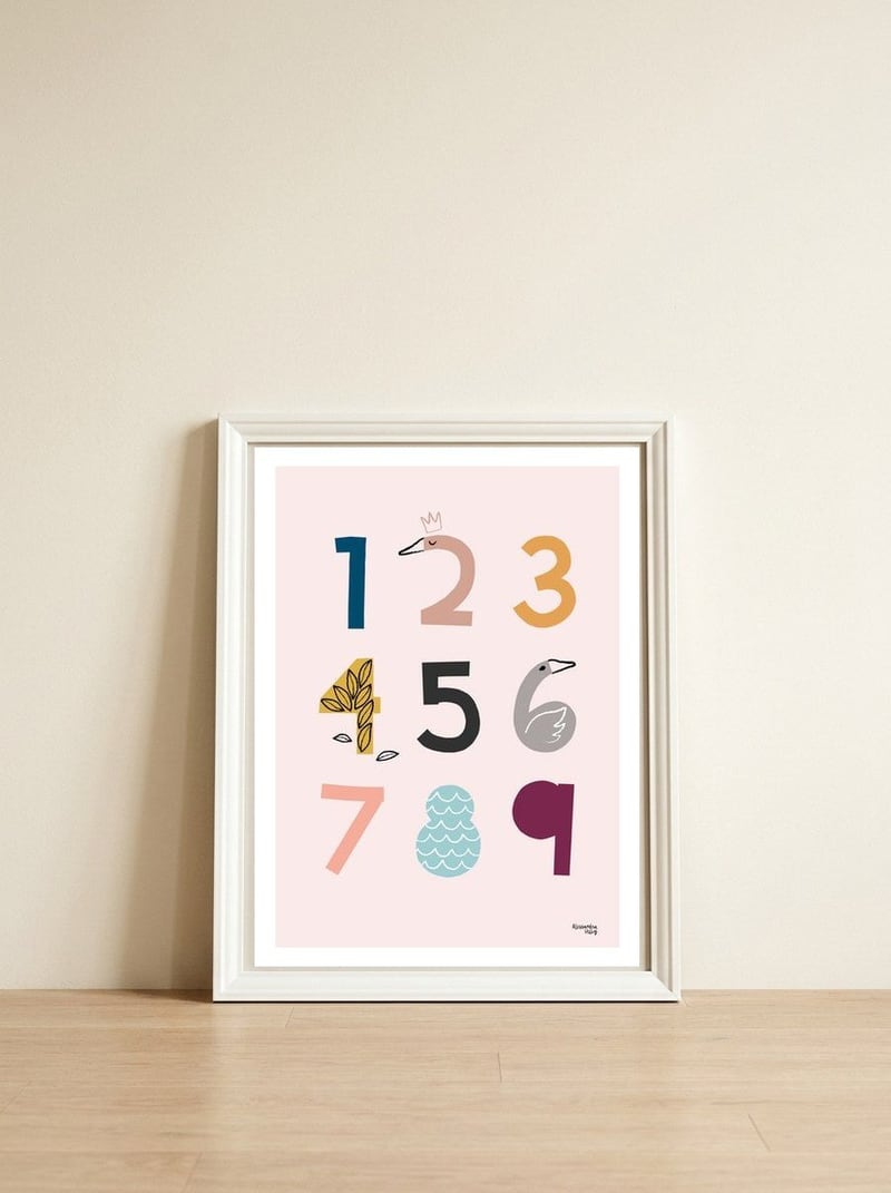 Numbers & Swans — framed, leaning against the wall