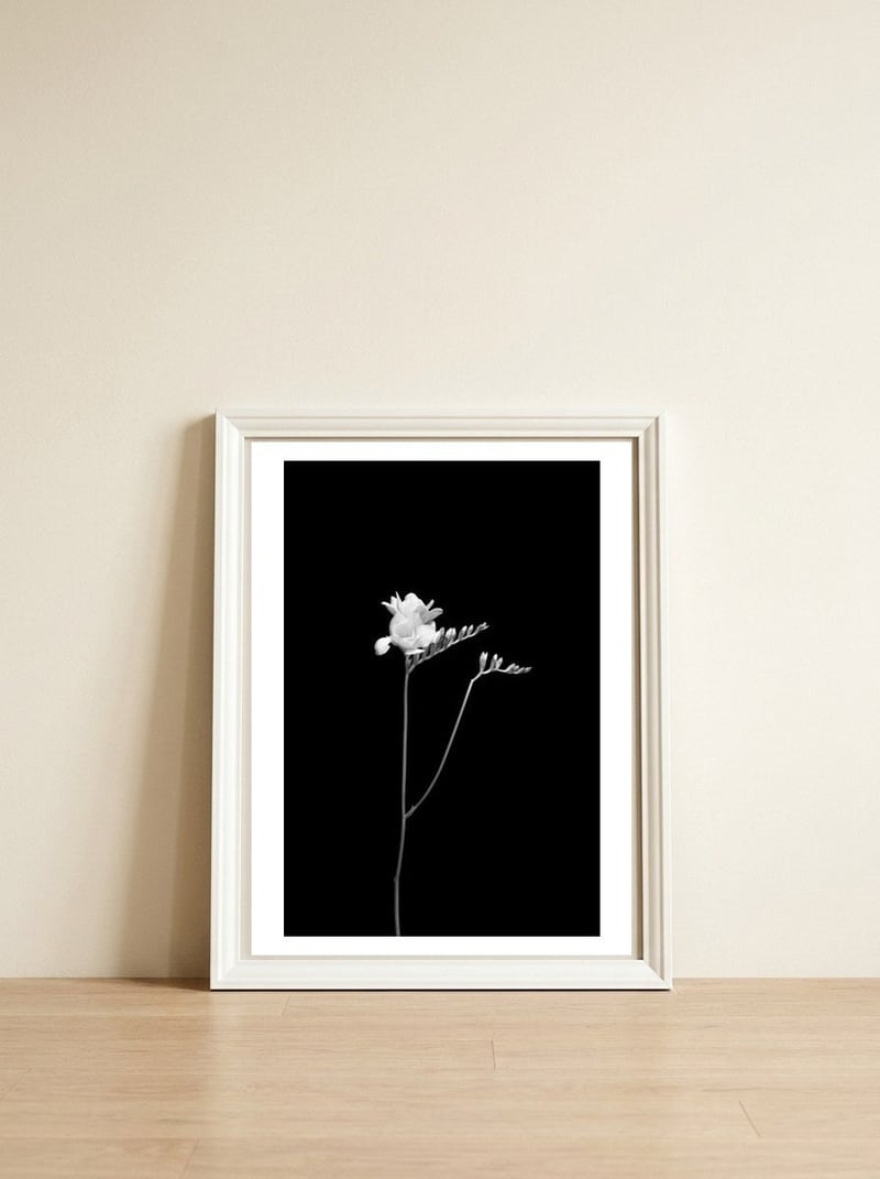 Freesia | dark design — framed, leaning against the wall