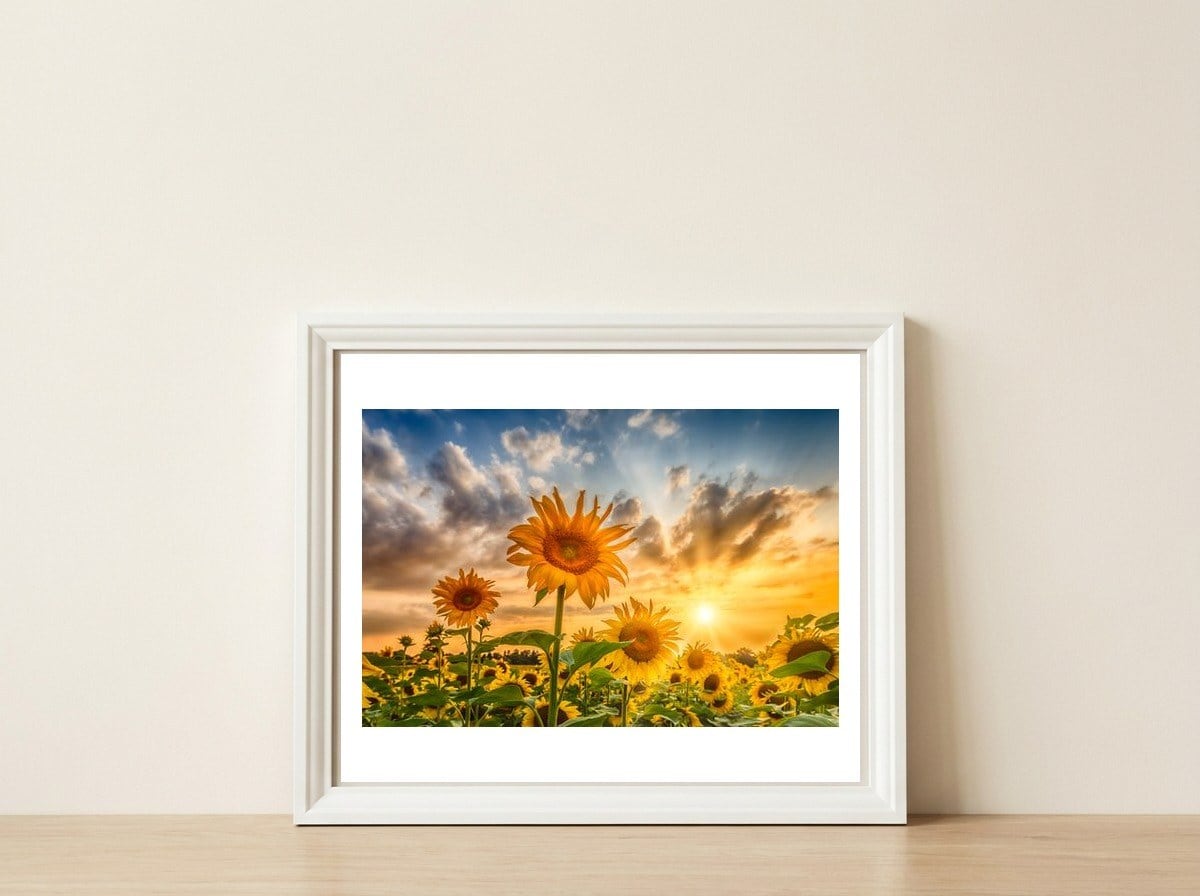Lovely sunflowers in sunset — framed, leaning against the wall