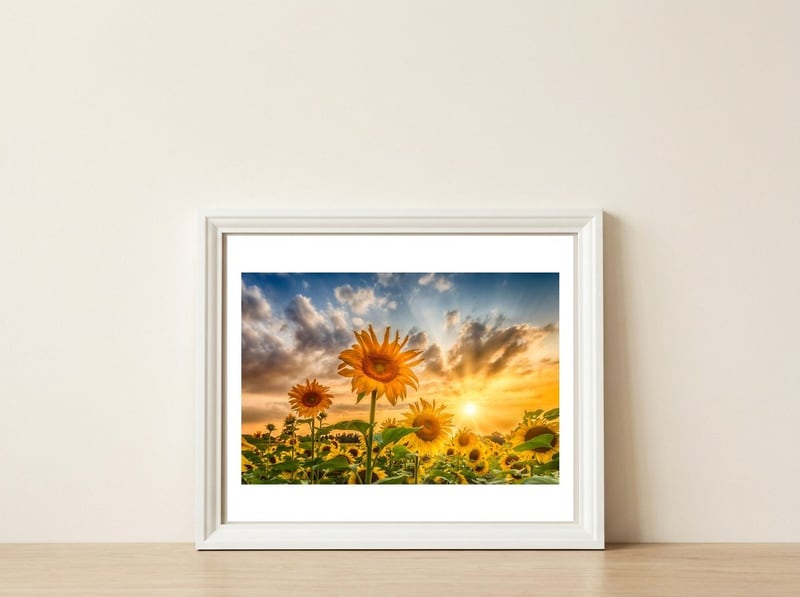 Lovely sunflowers in sunset — framed, leaning against the wall