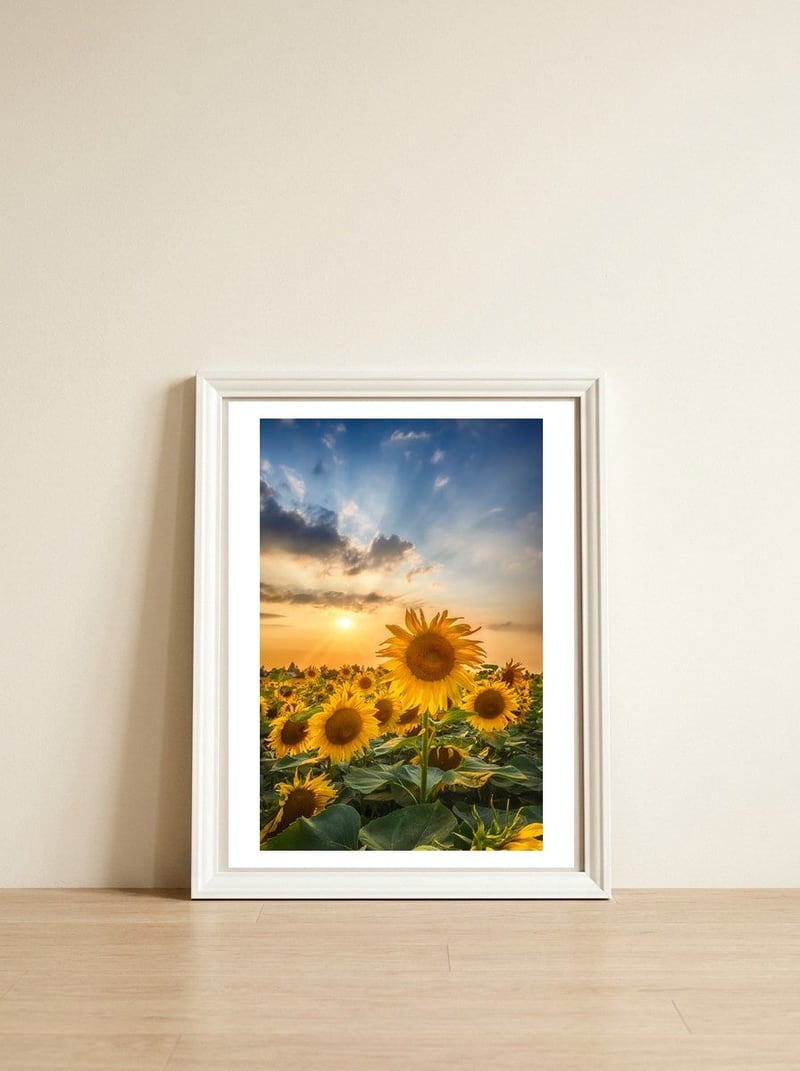 Sunflower field at sunset — framed, leaning against the wall