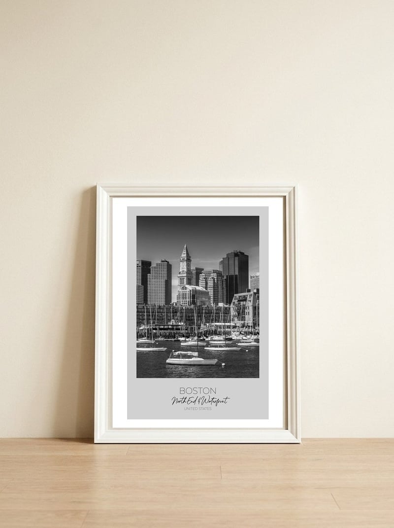 In focus: BOSTON Skyline North End & Waterfront — framed, leaning against the wall