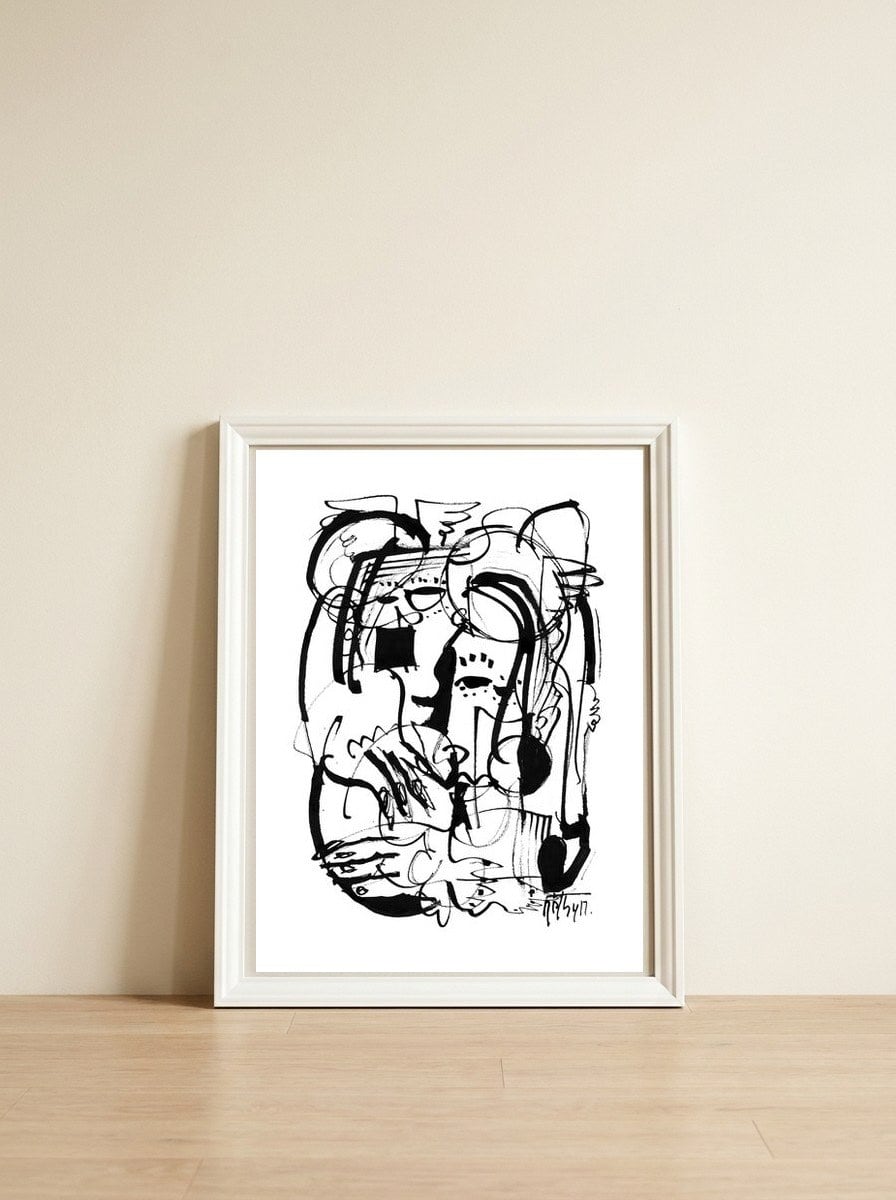 Two Shy Angels - b&w — framed, leaning against the wall