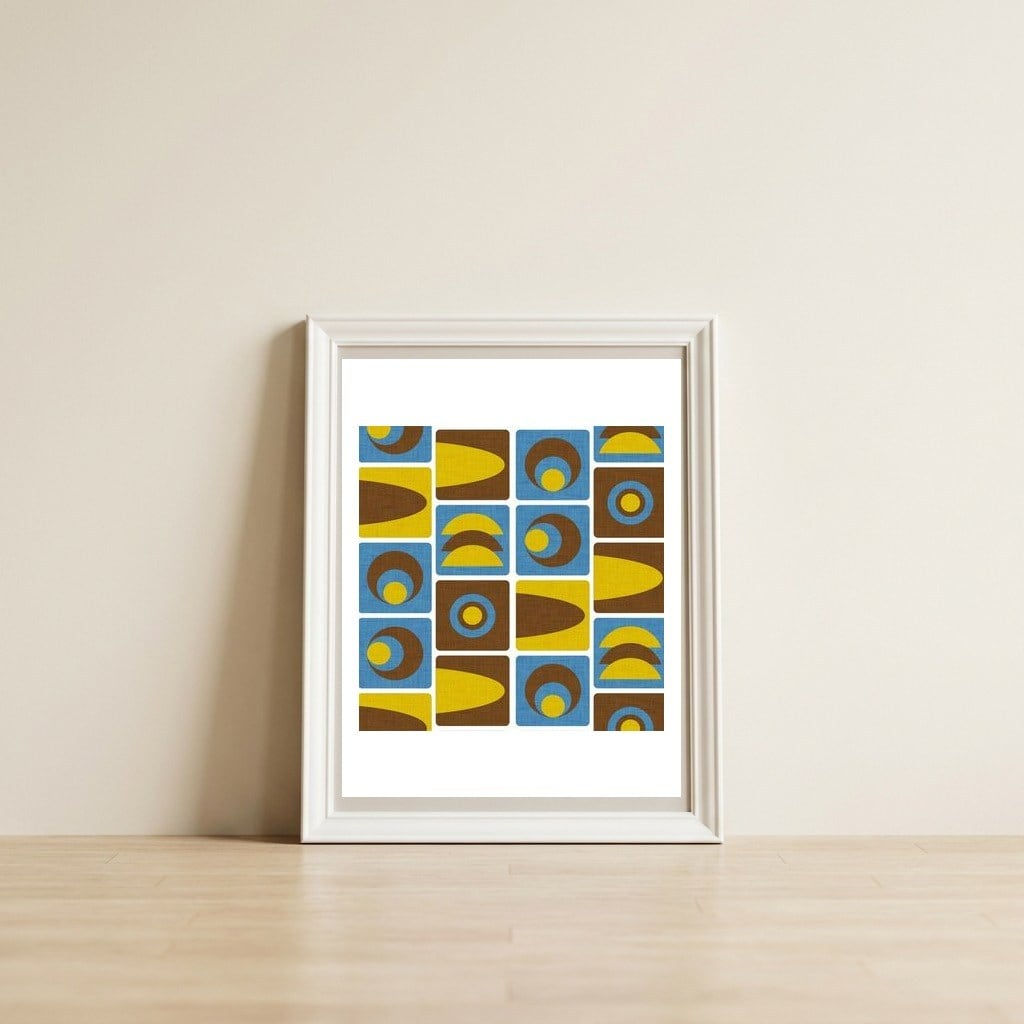 70s Cube Geo Blue — framed, leaning against the wall