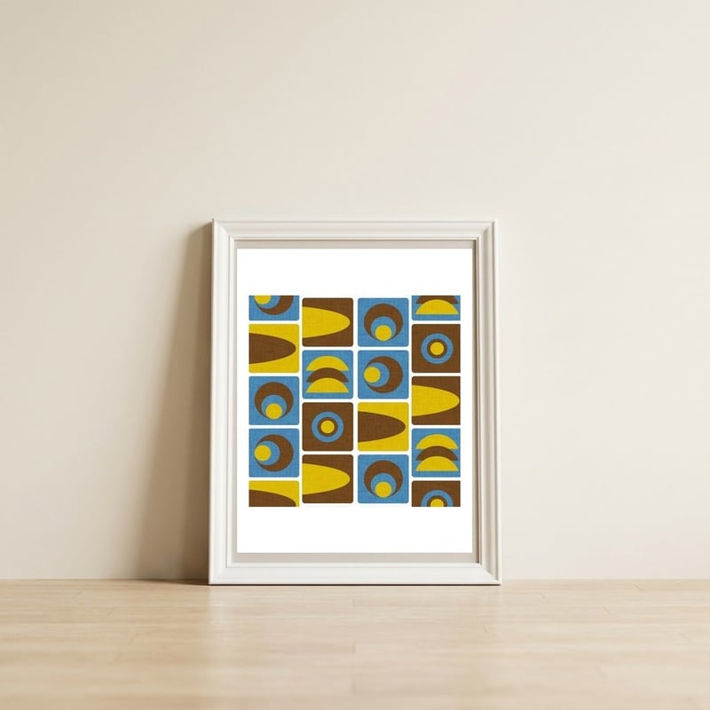 70s Cube Geo Blue — framed, leaning against the wall