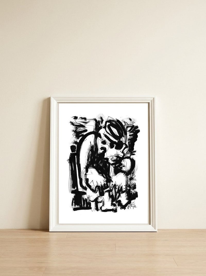 Saint With Bird - b&w — framed, leaning against the wall