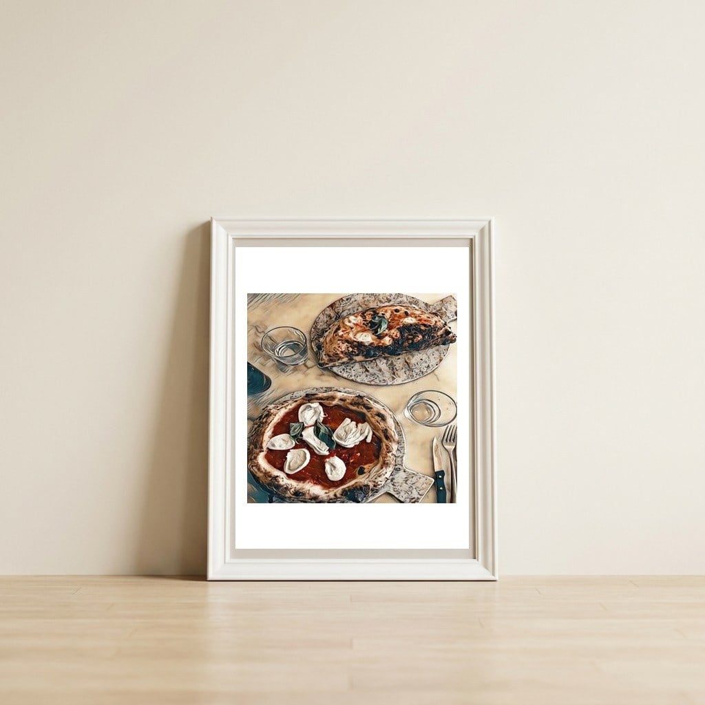 Pizza And Calzone — framed, leaning against the wall