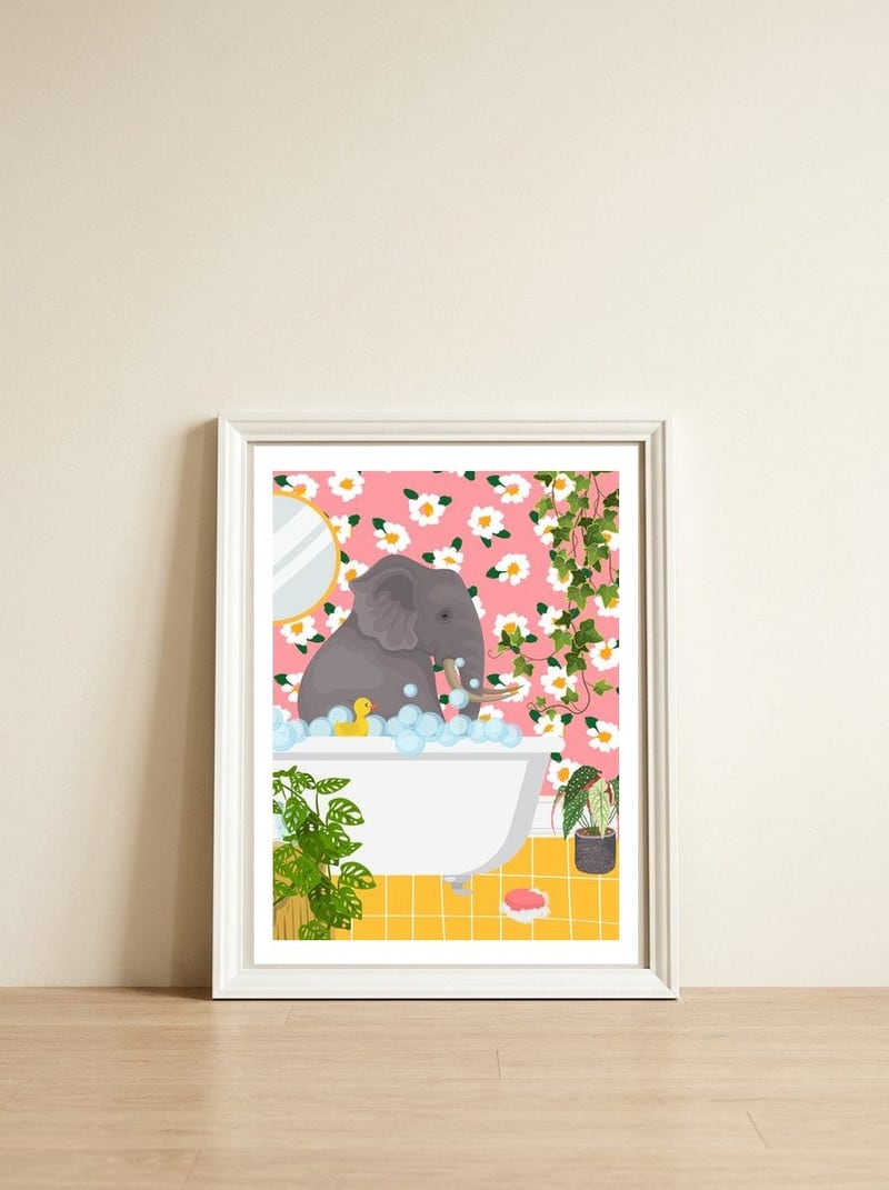 Elephant Bathing — framed, leaning against the wall