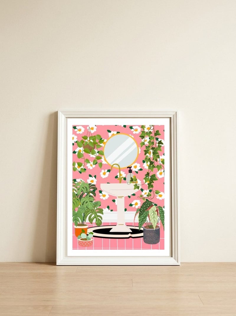 Sink in Boho Jungle Bathroom — framed, leaning against the wall