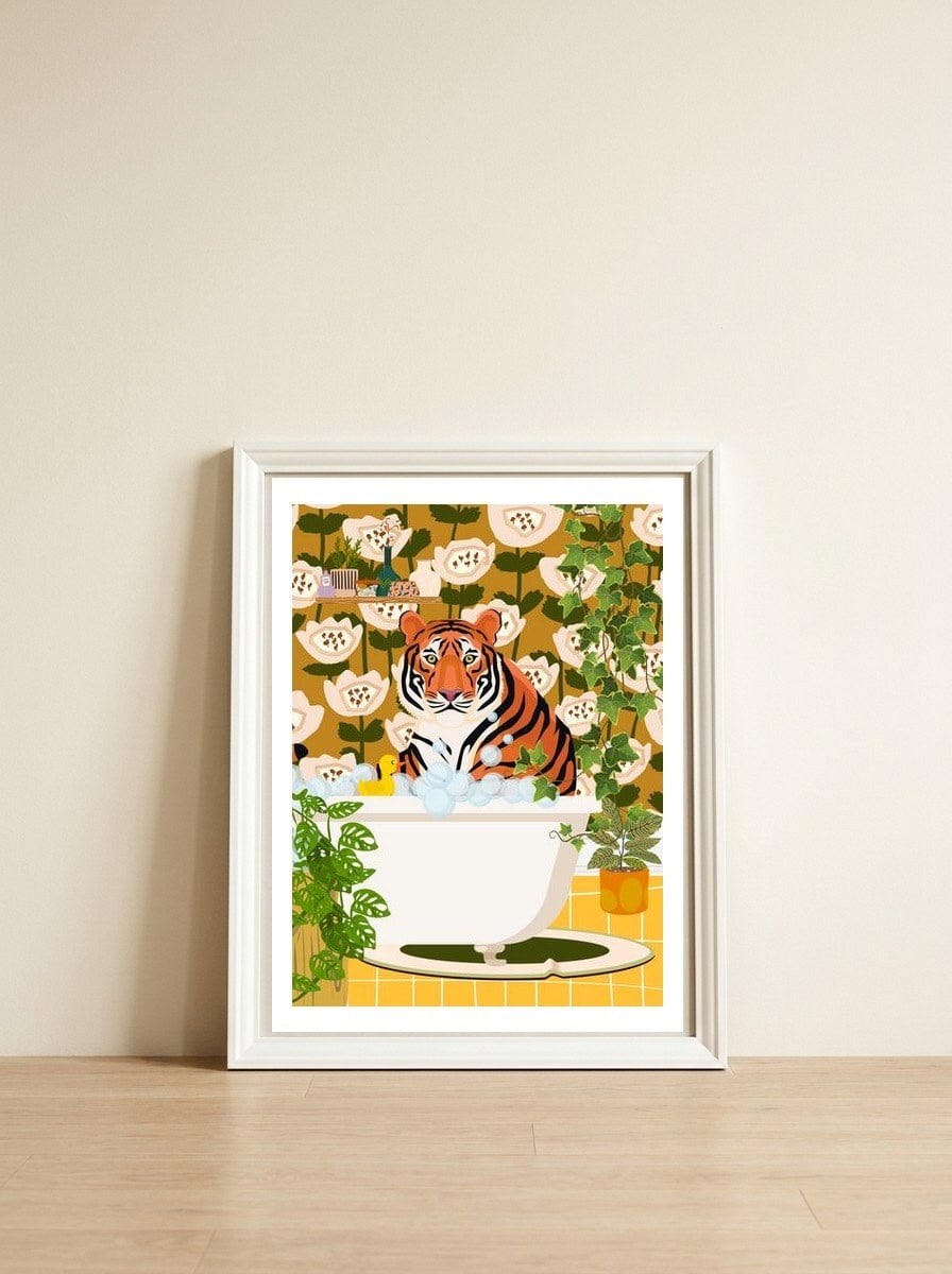 Tiger in Retro Bathroom — framed, leaning against the wall