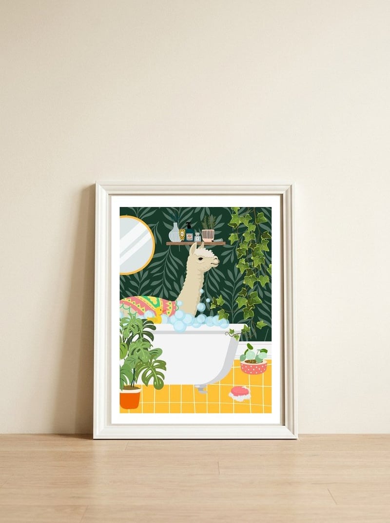 Llama Bathing  — framed, leaning against the wall