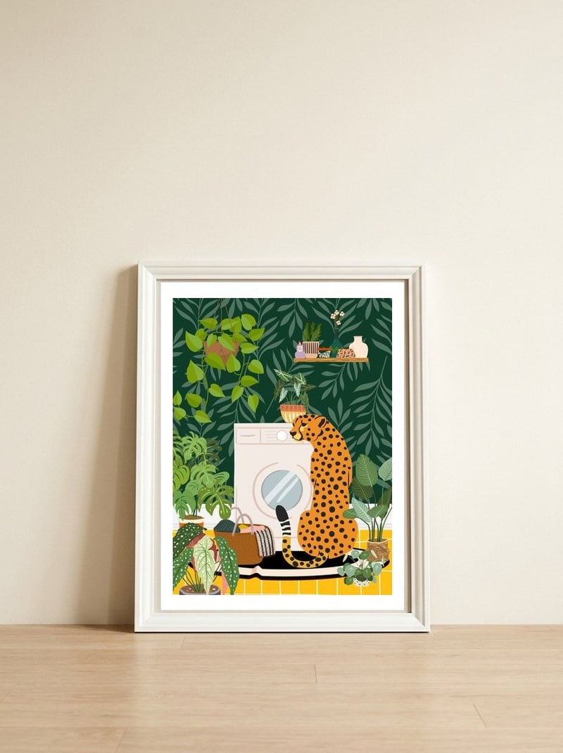 Cheetah in Tropical Laundry Room — framed, leaning against the wall