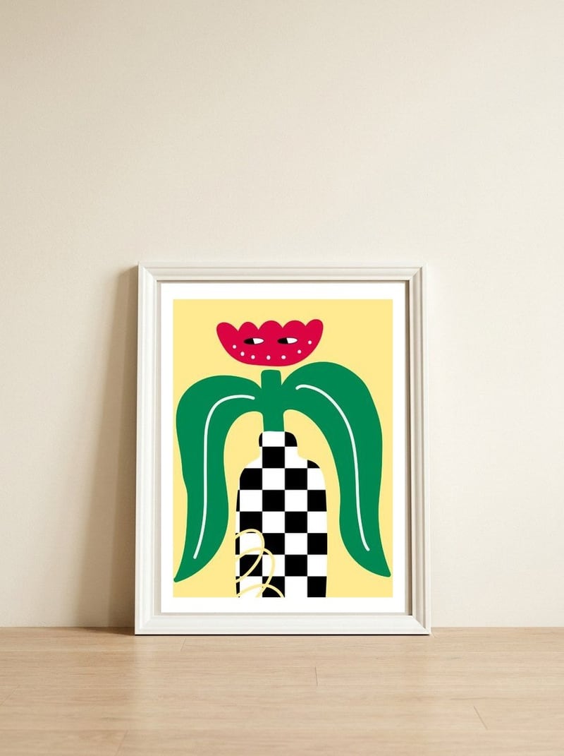 Flower Character in Checker Vase — framed, leaning against the wall