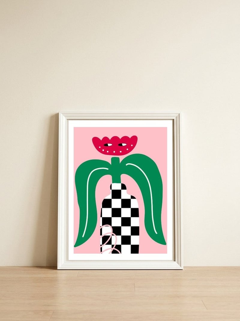 Flower in Checker Vase — framed, leaning against the wall