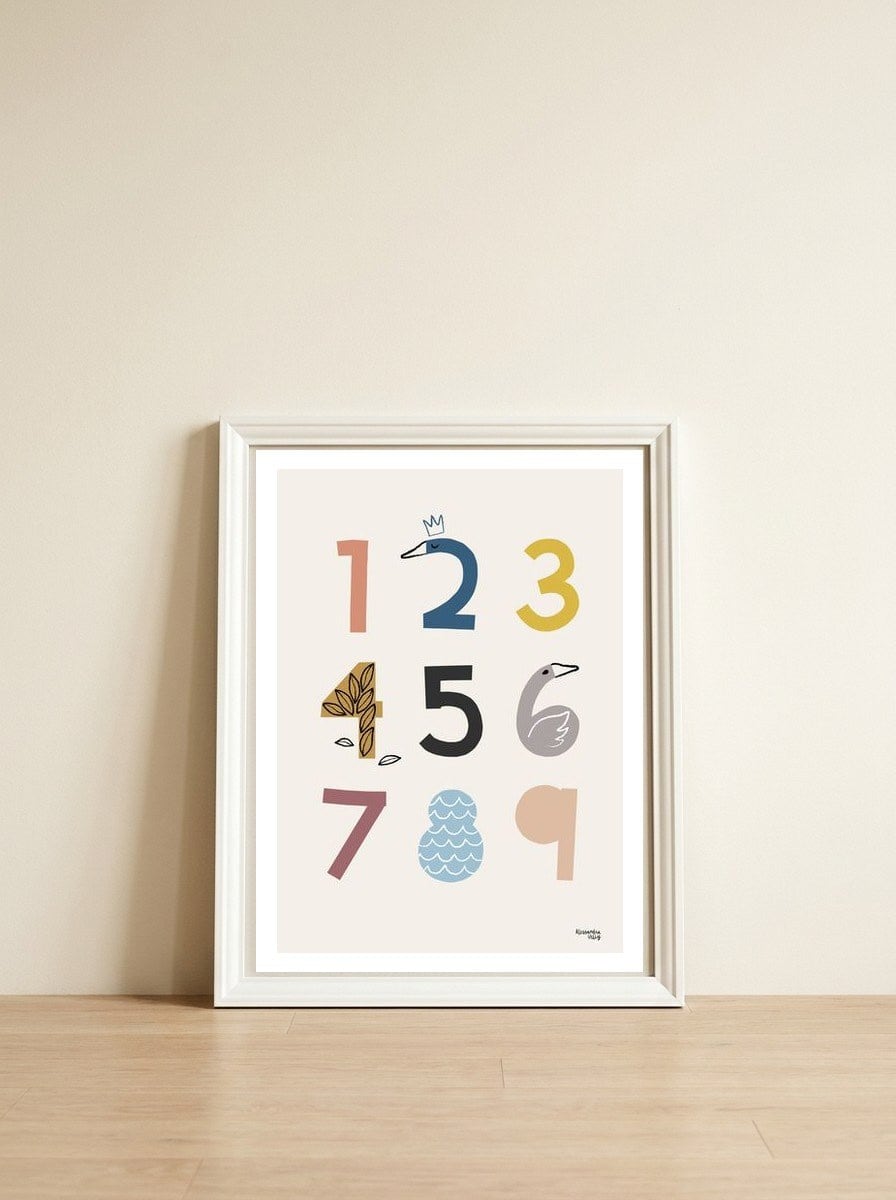 Numbers & Swans — framed, leaning against the wall