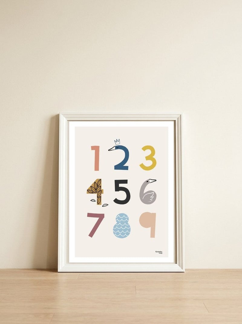 Numbers & Swans — framed, leaning against the wall