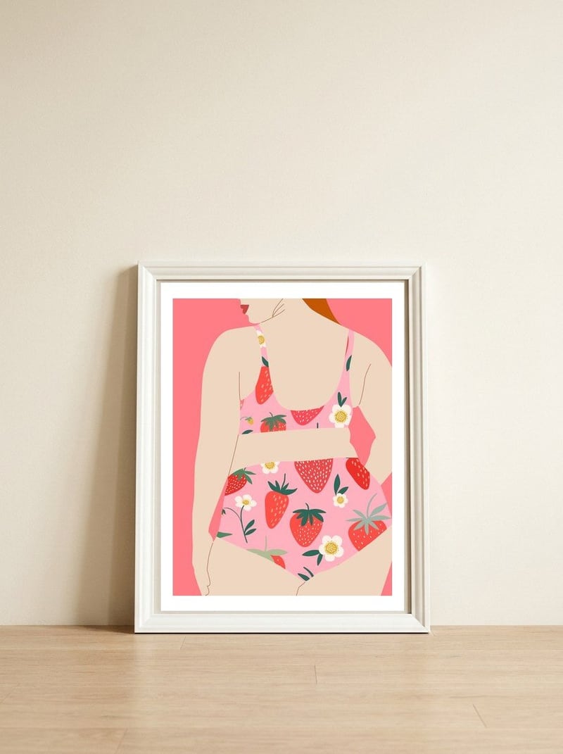 Strawberry Swimsuit — framed, leaning against the wall