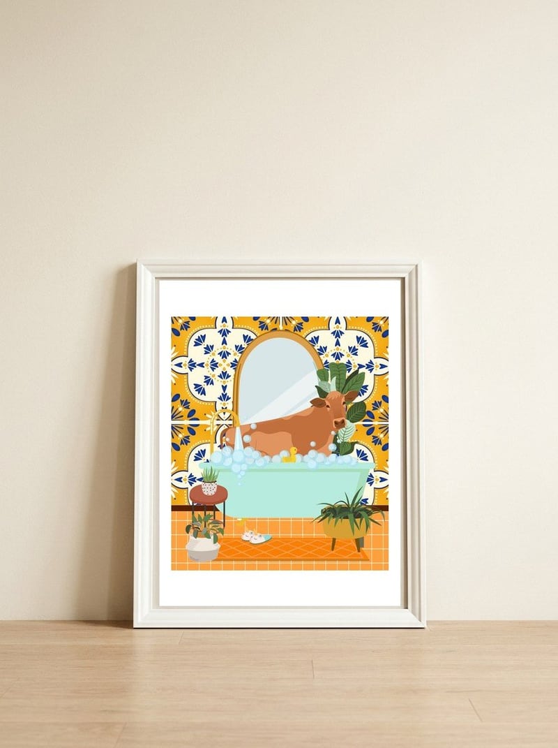 Cow Bathing in Moroccan Style Bathroom — framed, leaning against the wall