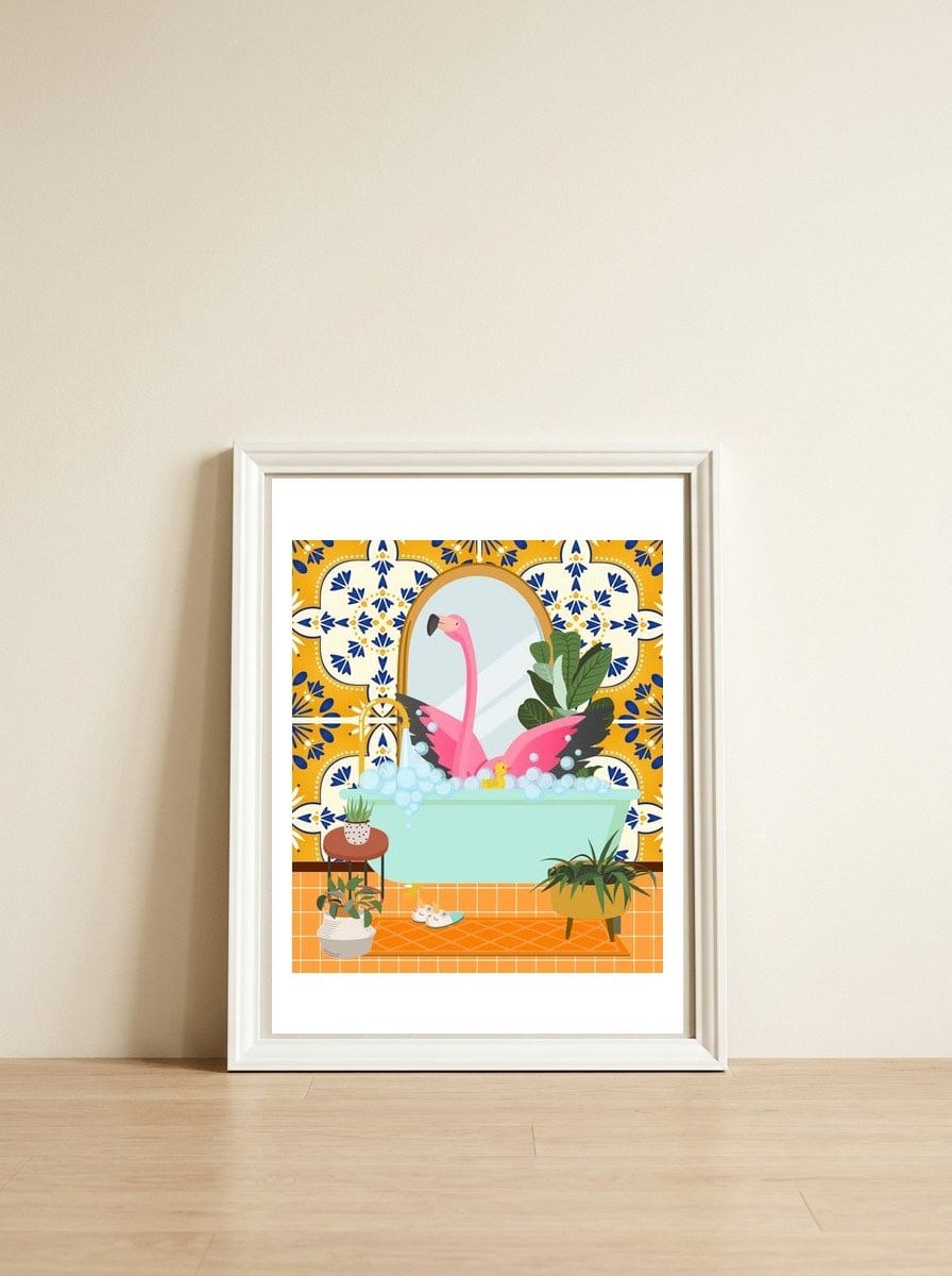 Flamingo Bathing in Moroccan Style Bathroom — framed, leaning against the wall